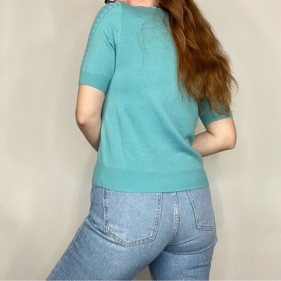 Vintage 90s/Y2K Small Cable Knit Teal Green/Blue Crewneck Sweater Tee Shirt - Picture 8 of 12